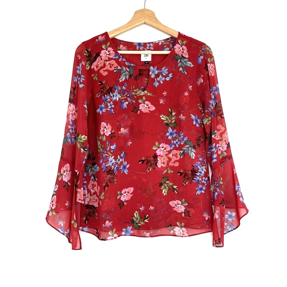 CAbi #3590 Devoted Red‎ Floral Blouse Size XS New Keyhole Chiffon Flowy Sleeves